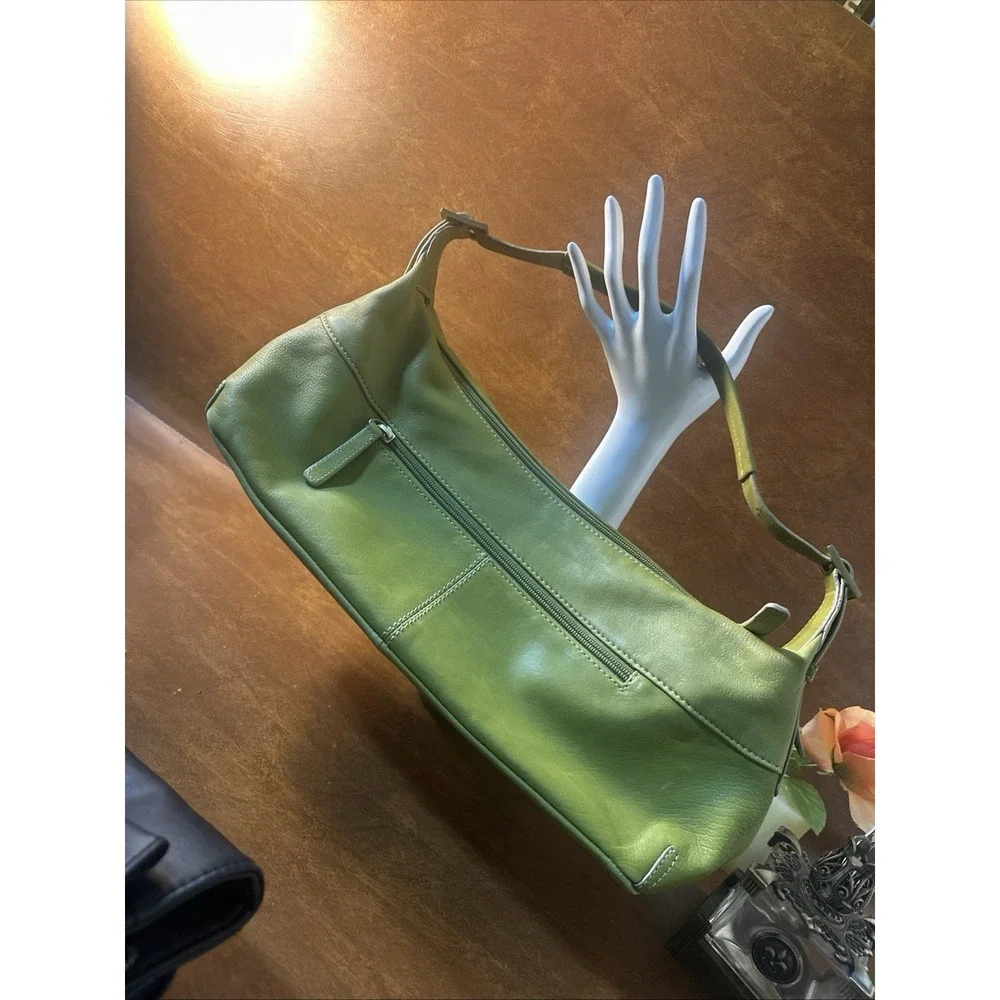 STONE MOUNTAIN GreenPebble Leather Baguette Purse Pink Lining